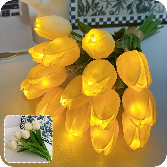 1 bosje 10 stuks Kunstbloemen witte tulpen met LED Licht-werkt op batterij-Tulpen boeket voor moederdag van Superluxe Home Deco