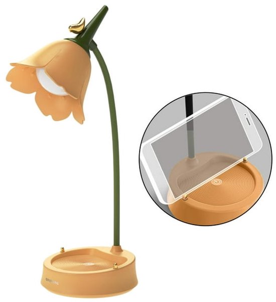 1 stuk Bloemvormige LED-bureaulamp-verlichting voor studentenkamers-touch-leeslamp-oogbescherming-multifunctionele lamp-Leeslamp - Opvouwbaar nachtlampje met telefoonhouder-Dimbaar, oplaadbaar, oogvriendelijk nachtlampje met aanraakbediening（geel ）