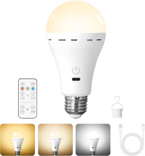 1 stuks E27 LED-lamp - Oplaadbare batterij met afstandsbediening - Dimbare lamp met timerfunctie, 3 kleurtemperaturen - Noodverlichting voor binnen en buiten van Merkloos