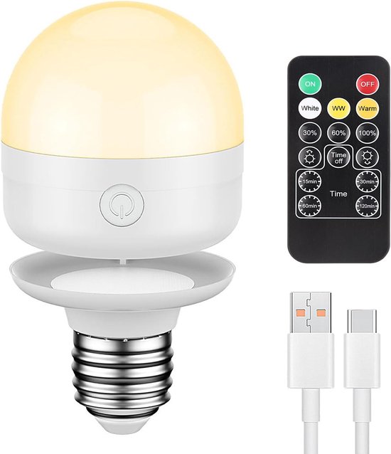 1 stuks oplaadbare gloeilampen met afstandsbediening, timer en 3 kleurtemperaturen - E27 magnetische oplaadbare gloeilamp op batterijen van Merkloos