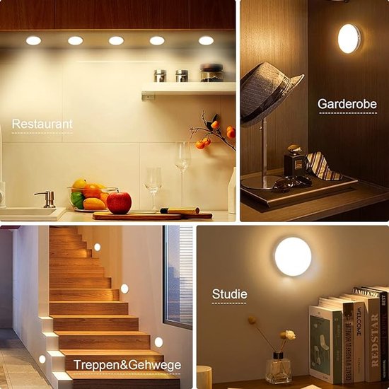 14 LED-Nachtlampje met Bewegingsmelder, 6 Stuks Oplaadbare Nachtlamp met USB-Kabels, Auto/On/Off, Stick Overal Zoals Trap, Kinderkamer, Slaapkamer, Keuken, Hal, Toilet (3000K Warm Wit) [Energieklasse A]