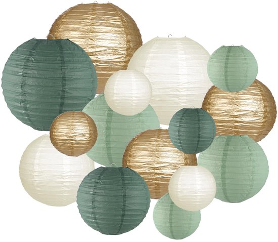 15 stuks papieren lantaarn - saliegroen papieren lampion - klassiek hangende papieren lantaarns - herbruikbaar - ronde lampenkap voor huisdecoratie, feesten, bruiloft en festivals