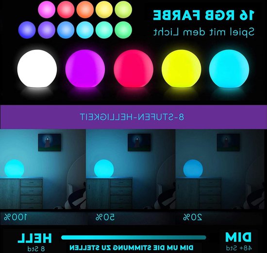 15cm Night Light Ball Lamp for Kids & Adult - RGB Colour Changing Mood Light with Remote Control - 16 Colors 8 Dimmable Brightness - USB Rechargeable Sphere Bedside Lamp - IP65 Waterproof van Gritin