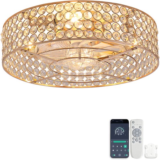19 inch Inbouwventilatorlamp - Dubbele bediening via app en afstandsbediening - 6 snelheidsstanden - Omkeerbare luchtstroom - Gouden kristallen - ABS-bladen