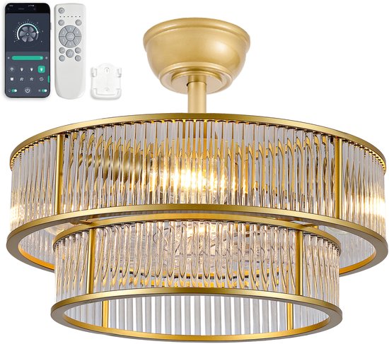 19 inch kristallen plafondventilator met dubbele verticale balk (goud) - App-bediening - 6 snelheidsstanden - Geluidsarm - ABS-bladen - Ideaal voor slaapkamer en kinderkamer