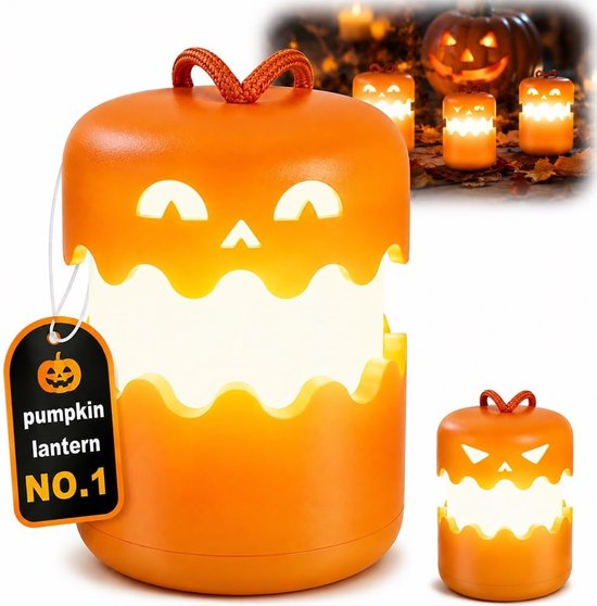 2-Halloween lantaarn - Oplaadbare pompoenlamp voor sfeervolle verlichting - Opvouwbare tafellamp voor Halloween decoratie - Gezellige feestverlichting voor binnen en buiten - Geel van VHV