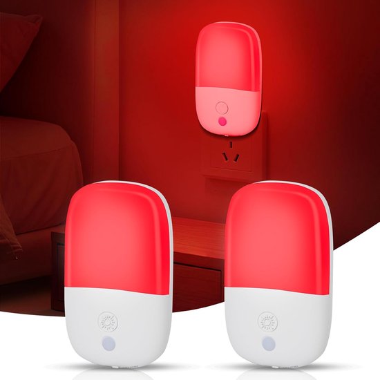 2-Pack 670nm Rood Nachtlampje voor Slaap, met Schemersensor Automatisch Aan/Uit, Zacht Rood Slaaplicht voor Babykamer, Slaapkamer, Gang en Badkamer
