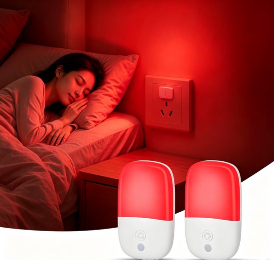 2-Pack 670nm Rood slaap nachtlampje, schemersensor automatisch aan/uit, zacht rood slaaplicht voor babykamer, slaapkamer, gang en badkamer