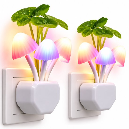 2-Pack LED Nachtlamp met Lichtsensor – 7 Kleuren – Decoratieve Paddenstoel/Bloemen Lamp – EU Stekker – Automatisch Aan/Uit