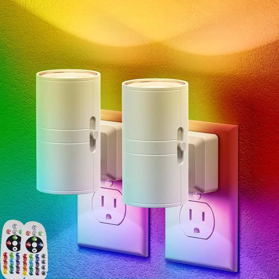 2 stuk -16 kleuren - Kleurrijk nachtlampje - LED-nachtlampje met stekker - Kleurveranderend RGB-nachtlampje met lichtsensor - 0-100LM - Met afstandsbediening - Hal, slaapkamer, kinderkamer - wit van Merkloos
