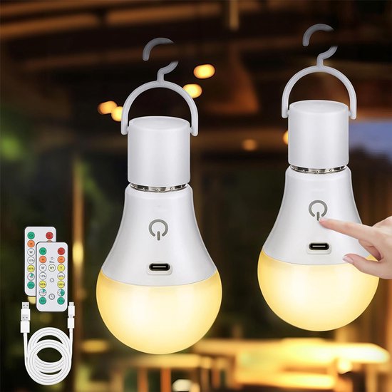 2 stuks E27 LED-lamp - Oplaadbare batterij met afstandsbediening - Dimbare lamp met timerfunctie, 3 kleurtemperaturen - Noodverlichting voor binnen en buiten van Merkloos