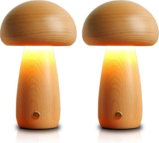 2 Stuks Houten Paddenstoel Lampen - Draagbaar Draadloos met Touchschakelaar - Oplaadbaar met Batterij - Traploos Dimbaar van Merkloos