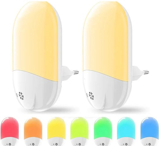 2 Stuks Insteekbare Nachtlampje – Compact – RGB Kleurveranderbaar – Warm Wit – Schemer-Tot-Dageraad Sensor – Voor Babykamer, Slaapkamer, Gang, Trap