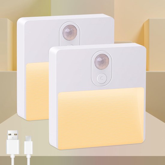 2 Stuks LED Nachtlampje Met Bewegingssensor - Oplaadbaar Via USB - RGB-sfeerverlichting - Geschikt Voor Gangen, Trappen, Slaapkamers En Kinderkamers van Woox