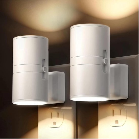 2 stuks LED-nachtlampjes met stekker - Nachtlampjes met stekker, schemersensor - 5-300 lm, instelbare helderheid - 2700K - Dimbare nachtlampjes voor keuken, hal, slaapkamer en trap - Wit van Avekko