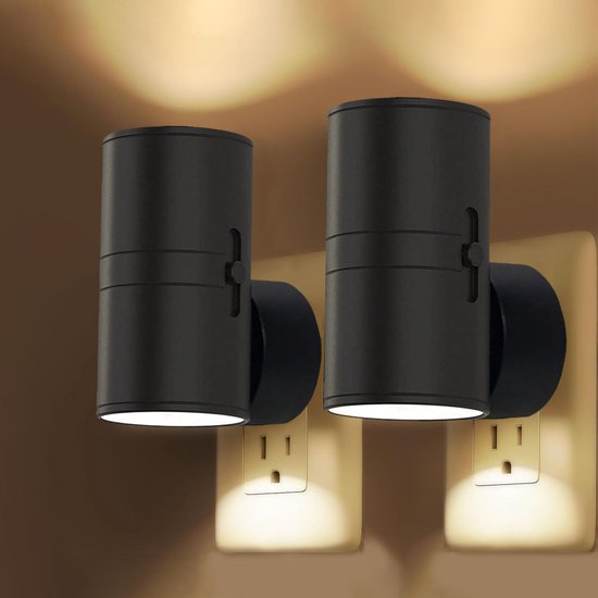 2 stuks LED-nachtlampjes met stekker - Nachtlampjes met stekker, schemersensor - 5-300 lm, instelbare helderheid - 2700K - Dimbare nachtlampjes voor keuken, hal, slaapkamer en trap - Zwart van Alecto