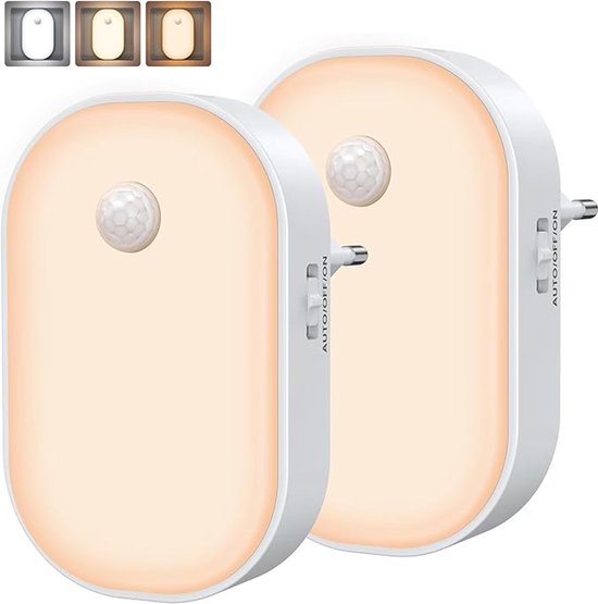 2 Stuks Nachtlampje Stopcontact met Bewegingssensor, 3 Modi AAN/AUTO/UIT Nachtlampje met Schemersensor, 10%-100% Dimbaar LED Night Light, Warmwit Licht voor Kinderen, Slaapkamer, Hal, Babykamer, Trap van Ammtoo