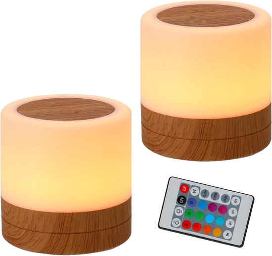 2 stuks Nachtlampje voor de kinderkamer, USB-oplaadbaar klein bureaulampje, 13 RGB-kleuren, 4 helderheidsniveaus en 1 afstandsbediening, draadloze touch-tafellamp voor naast het bed, draagbaar nachtlampje voor in de slaapkamer en woonkamer (bruin) van One Fire