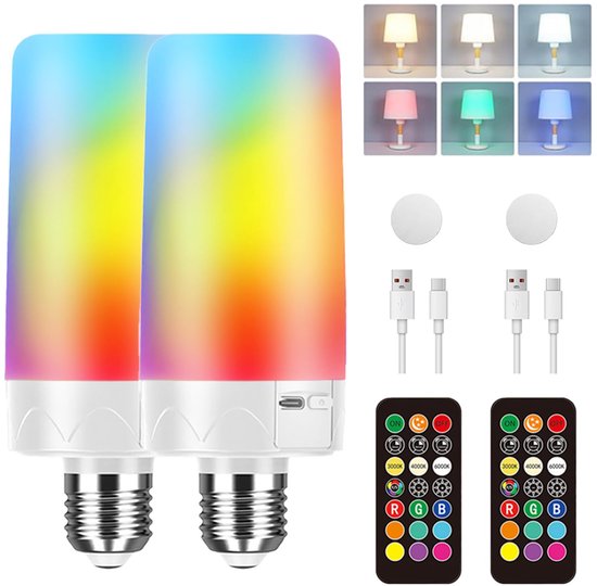 2 stuks niet-bedrade gloeilampen met afstandsbediening en timer, oplaadbaar via USB, 3 kleurtemperaturen, 9 RGB-kleuren, dimbare magnetische decoratieve E27-lampen van TOLSEN
