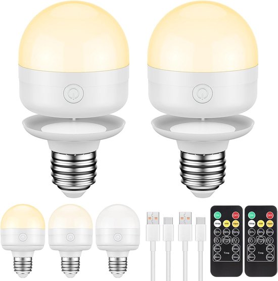 2 stuks oplaadbare gloeilampen met afstandsbediening, timer en 3 kleurtemperaturen - E27 magnetische oplaadbare gloeilamp op batterijen