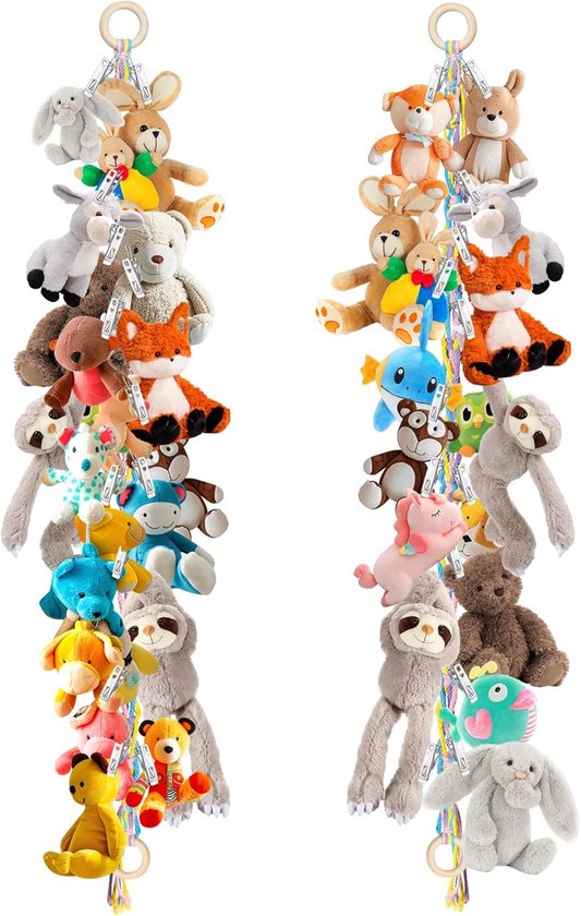 2 stuks - Pluche dierenhangmathoek - 2m pluche dierenopbergrek - Voor knuffels - Voor babykamerdecoratie - Hangend pluche dierenroosterrek - Voor muur of hoek - Bevat 40 clips