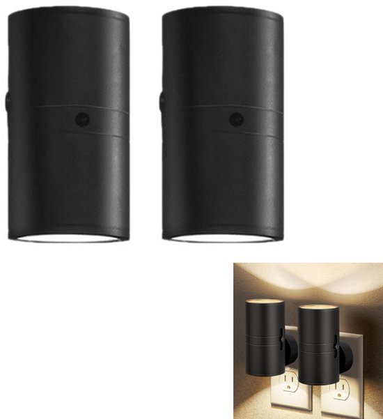 2-stuks Plug-in LED-nachtlampje - LED-nachtlampje - Decoratieverlichting voor binnen - Met lichtsensor - 3000K warm licht - 0-80 lumen - Instelbare helderheid - Geschikt voor gangen, trappenhuizen, slaapkamers, achtertuinen, enz. - Zwart van Merkloos