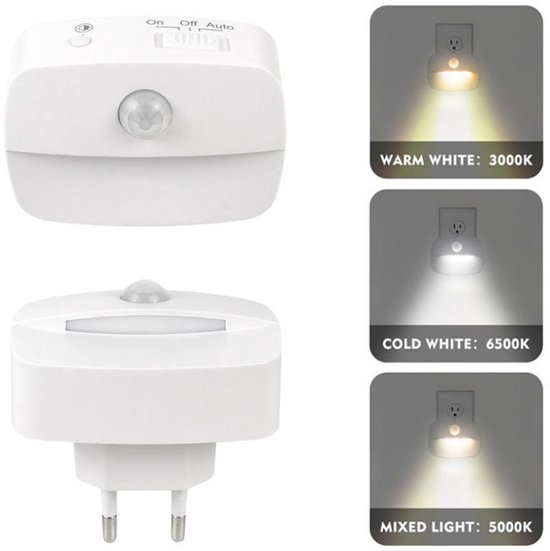 2 stuks Smart Bewegingssensor Nachtlampje - EU Stopcontact - 3 Lichtstanden - PIR Sensor - LED Nachtlampje voor Gang, Trap en Badkamer van Merkloos