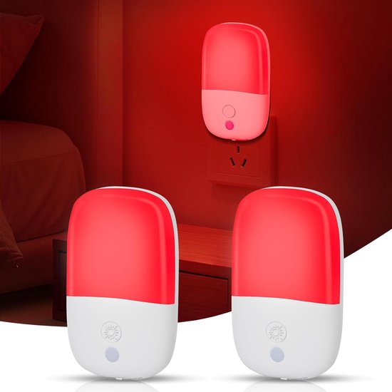 2 stuks stekker nachtlampje met schemersensor, rood LED licht, dimbaar, automatisch aan/uit, geen blauw licht, voor slaapkamer, babykamer, hal en trap [Energieklasse C]