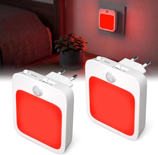 2 Stuks Stopcontact Nachtlampje met Bewegingssensor, 625 nm Rood LED Licht, Dimbaar, Slaapbevorderend, voor Kinderkamer, Slaapkamer, Gang en Trap, Energieklasse G