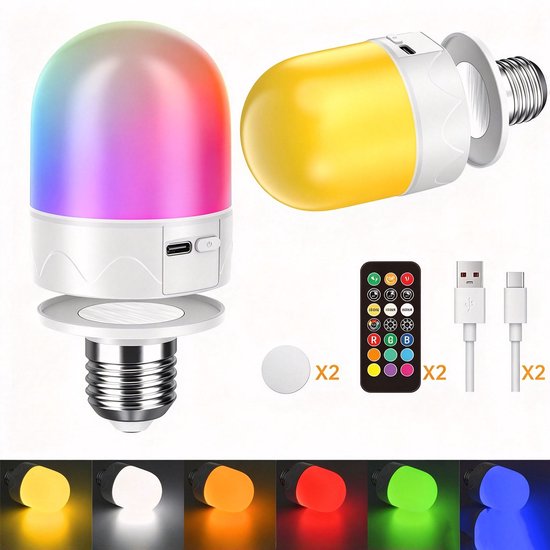 2 Stuks via USB oplaadbare lampen met afstandsbediening - E27-lamp op batterijen - RGB-lamp met kleurwisseling - 12 kleurtemperaturen - dimbaar - 3 timers - nachtlampfunctie