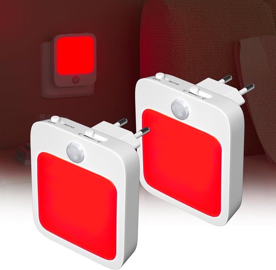 2‑Pack rode stopcontact‑nachtlampjes 3‑in‑1 functie, dimbaar met bewegings‑ en lichtsensor, automatisch aan‑uit, zacht gloeiend slaaplicht voor slaapkamer, kinderkamer en badkamer [Energieklasse G]