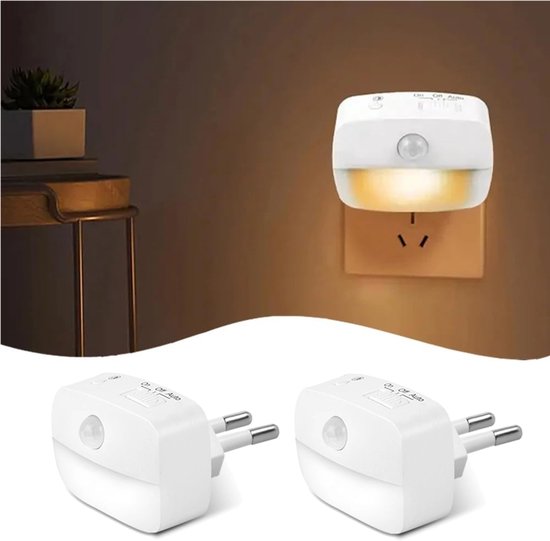 2x Nachtlampje met Bewegingssensor Plug-in- Nachtlampje Stopcontact - 3 Standen - LED Nachtlampje Stopcontact - Nachtlampje Babykamer - Nacht Lamp - Geschikt Voor Baby's, Kinderen en Volwassenen van Merkloos