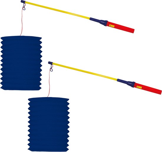 2x Trek lampion langwerpig - donker blauw - H20 cm - papier - met 2x lampionstokje - 50 cm