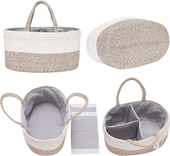 3-Compartiment Baby Nursery Tote Opbergbak Draagbare Auto Organizer - Pasgeboren Douche Geschenkmand - Katoenen Touw met Afneembare Divider - Luiers & Doekjes Opbergmand verschoonmand