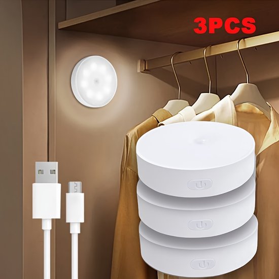 3-delige set warmwitte nachtlampjes met bewegingssensor - Instelbare helderheid, automatische aan/uit-functie, perfect voor naast het bed, op de trap, onder kastjes en kledingkasten, en als nachtlampje in de slaapkamer. van Merkloos