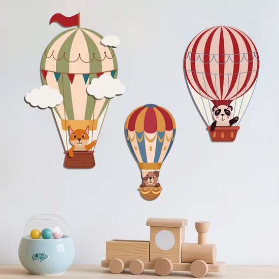 3 Houten Ballonnen met Dieren - Wand Decoratie - Babykamer - Kinderkamer - Plakstickers - Muur Deco - Interieur