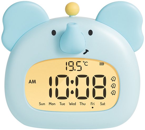 3-in-1 Digitale Kinderwekker - Draadloze Slaaptrainer en Dimbaar Nachtlampje - USB-C Oplaadbaar met Snooze Functie - BPA Vrij Veilig - Week/Weekend Alarm voor Jongens en Meisjes - Olifant van Merkloos