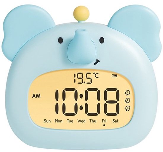 3-in-1 digitale kinderwekker - Draadloze slaaptrainer en dimbaar nachtlampje - USB-C oplaadbaar met snoozefunctie - BPA-vrij - Week/weekendalarm voor jongens en meisjes - Olifant