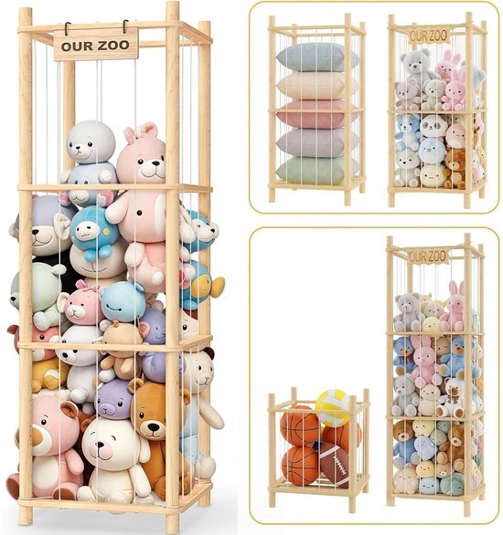 3-Laags Houten Knuffelopberger - Knuffel Dierentuin Opbergrek met Elastische Touwen - Speelgoed Organizer Kinderkamer - Natuurlijk Hout