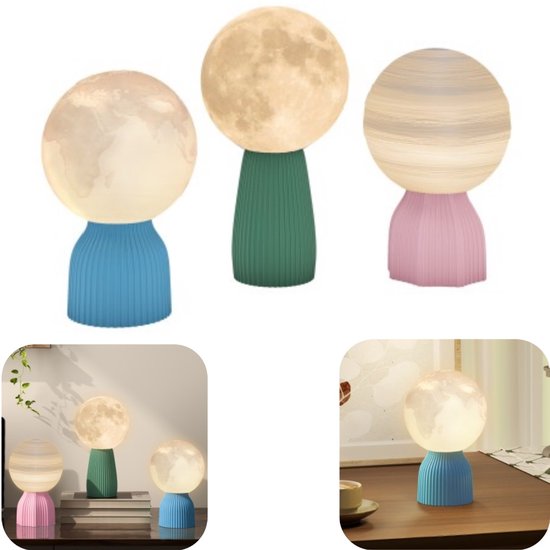 3 stuks bureaulampje - nachtlampje - planetenlamp - decoratie - 3D effect - zacht licht - verstelbare helderheid - USB aansluiting - woonaccessoire - geschikt voor woonkamer, bureau, als cadeau (wit, verschillende maten)
