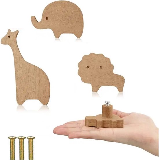 3 Stuks - Houten Kastknop Dieren - kastknoppen kinderkamer - Ladeknop - Meubelknop - Kinderkamer decoratie - Leeuw Giraf Olifant
