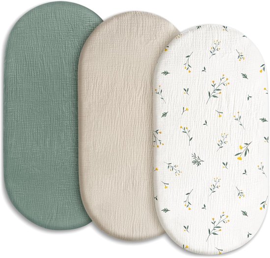 3 Stuks - Hydrofiele Baby Hoeslaken Wieg - 80x40 cm - Hoeslaken Wieg - Kinderwagen matras - Hoes voor babymatras - Zachte - Aankleedkussenhoes - Lakentjes - Voor zandlopervormige wiegjes en rechthoekige wiegjes - Bloemenprint, Groen en Beige