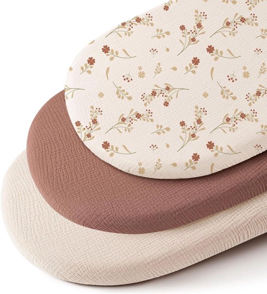 3 Stuks - Hydrofiele Baby Hoeslaken Wieg - 80x40 cm - Hoeslaken Wieg - Kinderwagen matras - Katoen - Hoes voor babymatras - Zachte - Aankleedkussenhoes - Voor zandlopervormige wiegjes en rechthoekige wiegjes - Bloemenprint, Beige en Kastanjebruin