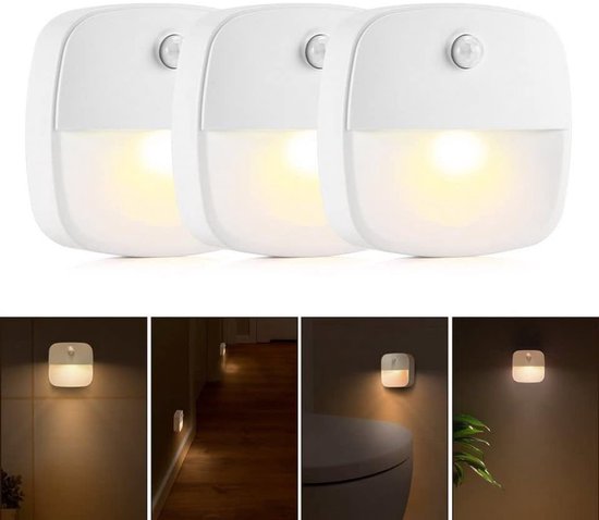 3 x Nachtlampje met Bewegingssensor - Wandlampen - LED Kastverlichting en Trapverlichting met Sensor - Draadloos - Geschikt Voor o.a. Slaapkamer, Overloop, Garage - Dag en Nacht Sensor - Werkt op 3 AAA batterijen