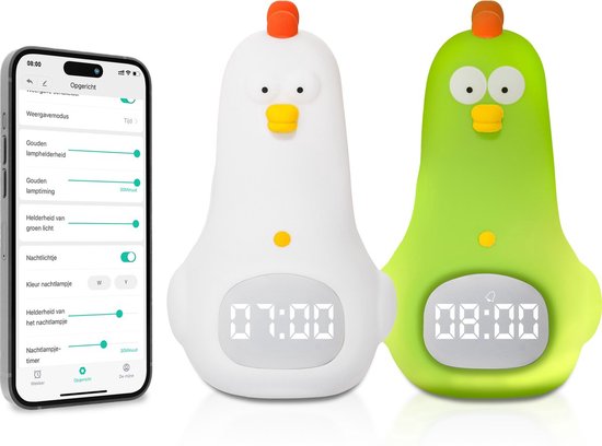 3Babies® Slaaptrainer - Slaapwekker Baby - Nachtlamp functie met Wekker - Kinderwekker - Wit Kippetje - Inclusief App van 3Babies®