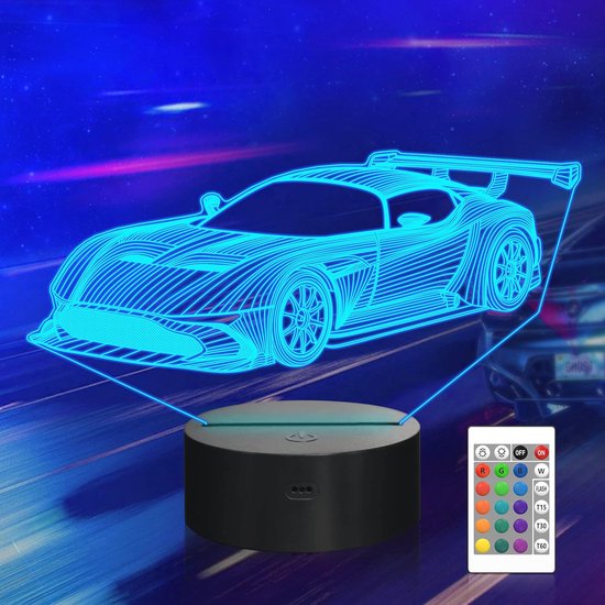 3D Auto Illusie Nachtlampje met Afstandsbediening - 16 Kleuren Veranderende LED Slaapkamer Decor voor Kinderen en Volwassenen