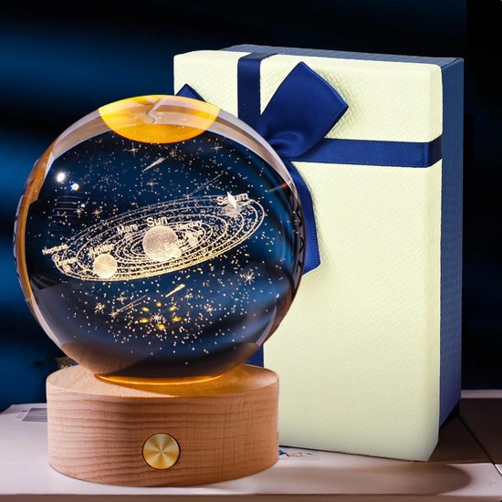 3D Crystal Ball Nachtlamp - Zonnestelsel Glasbal met USB Voeding - Kristallen Bal met LED Houten Basis voor Kerstmis - Thanksgiving - Valentijnsdag - Verjaardag - Thuisdecoratie van Atemio