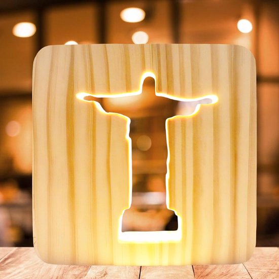 3D Houten Kruis Nachtlampje - Religieuze LED Tafellamp met Warm Wit Licht, USB Aangedreven Decoratie
