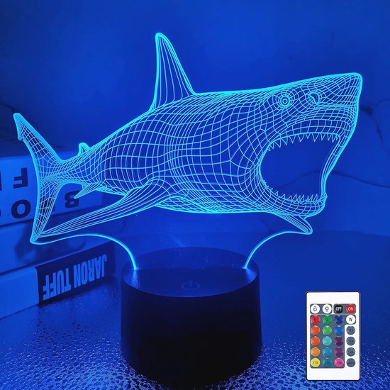 3D Illusie Nachtlampje Haai - 16 Kleuren LED Tafellamp voor Kinderen van Merkloos