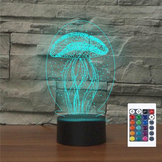3D Illusie Nachtlampje Kwallen - 16 Kleuren LED Bureaulamp met Afstandsbediening en Touch - Kinderen Cadeau & Kamerdecoratie van Merkloos